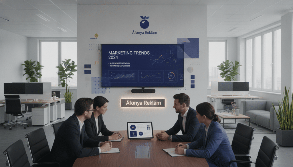 A dynamic and modern workspace that embodies the concept of "technikai háttér és arculatépítés". In the foreground, a diverse group of professionals in business attire collaborate around a sleek conference table, examining a digital tablet showcasing branding elements. The middle ground features a large screen displaying an engaging presentation about marketing trends, surrounded by visual motifs of branding, such as logos and color palettes. The background reveals an open office space with clean lines, incorporating elements like plants and contemporary furniture. Soft, natural lighting filters through large windows, creating an inspiring atmosphere. The brand name “Áfonya Reklám” is subtly integrated into the design of the workspace, emphasizing a stable brand identity. The overall mood is energetic and focused, ideal for innovation and strategic planning in branding.