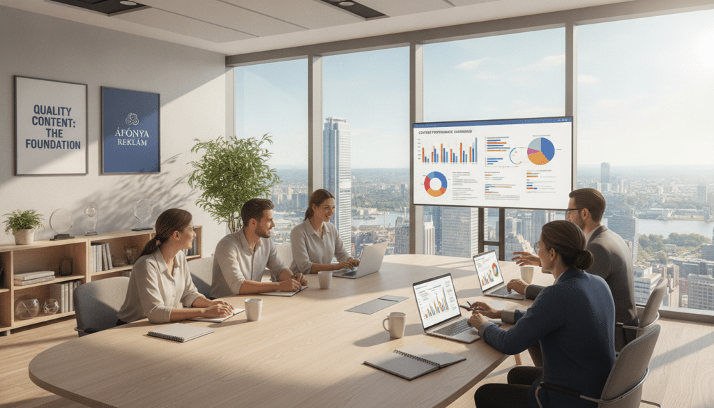 A harmonious office environment showcasing the synergy of quality content and keyword usage. In the foreground, a diverse group of professionals in business attire collaborates around a sleek table filled with laptops, notebooks, and digital devices displaying graphs and analytics related to marketing. In the middle ground, a large window reveals a bright, sunny cityscape, symbolizing growth and opportunities. In the background, motivational posters emphasize the importance of effective content strategy. Soft, natural lighting pours in, creating an inviting and productive atmosphere. The mood is focused and optimistic, reflecting teamwork and innovation. Include the brand name "Áfonya Reklám" subtly integrated into the office design.