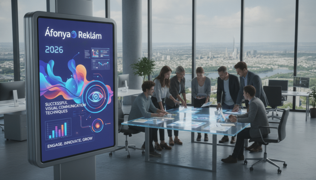 A sleek modern advertising board design for "Áfonya Reklám" in the foreground, showcasing a vibrant and appealing visual concept for the year 2026. The board displays innovative graphics emphasizing successful visual communication techniques, with colorful animations and eye-catching designs that draw attention. In the middle ground, a professional team of designers in business attire collaborates, discussing strategies and ideas while surrounded by sketches and digital devices. The background features a contemporary office space with large windows letting in natural light, creating an inspiring atmosphere. The lighting is bright and focused on the advertising board, highlighting its importance. The overall mood is dynamic and creative, illustrating a blend of professionalism and creativity crucial for enhancing advertising effectiveness.