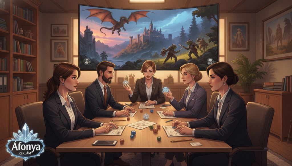 A vibrant and dynamic illustration depicting a role-playing game (RPG) prompt application scene. In the foreground, a diverse group of people in professional business attire are seated around a modern table covered with gaming materials, like character sheets and dice. The middle ground features a large digital screen displaying a colorful RPG scenario, with fantasy-themed illustrations. The background showcases a cozy office environment with bookshelves filled with game guides and artwork, enhancing the atmosphere. Soft, ambient lighting creates a warm and inviting mood, while a slight depth of field adds focus to the participants. The brand name "Áfonya Reklám" is subtly integrated into the visual design, highlighting the collaborative aspect of RPG gaming.