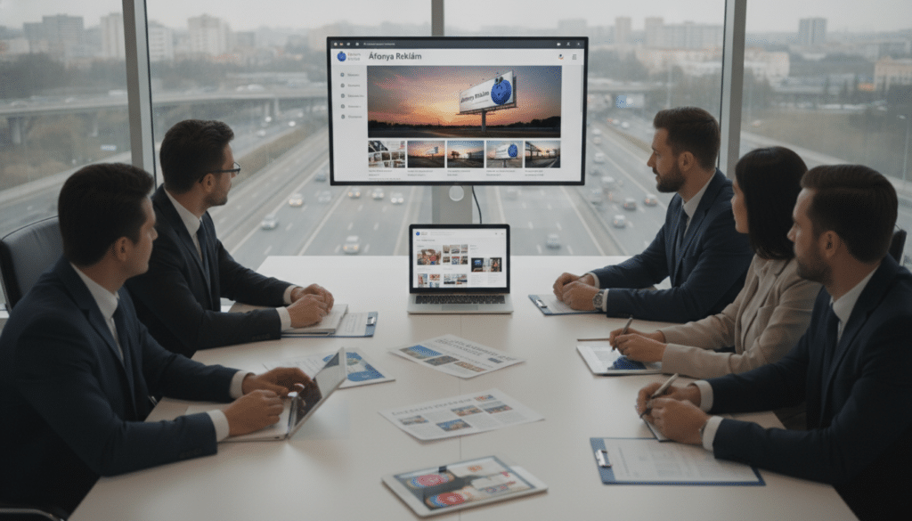 A vibrant, professional office setting focused on enhancing local marketing strategies. In the foreground, a diverse team of business professionals, dressed in business attire, engaged in a discussion around a sleek conference table filled with digital tablets and laptops showing various advertising prints and designs. The middle ground features a large screen displaying a well-optimized Google Business profile for the brand "Áfonya Reklám," showcasing high-quality images of a regional billboard along a bustling highway. In the background, large windows allow natural light to flood the room, while a view of the busy road outside hints at the potential audience. The mood is collaborative and dynamic, with a sense of urgency and focus on success. Use soft, diffused lighting for a welcoming atmosphere, shot from a slightly elevated angle to encapsulate the team’s engagement with digital marketing strategies.