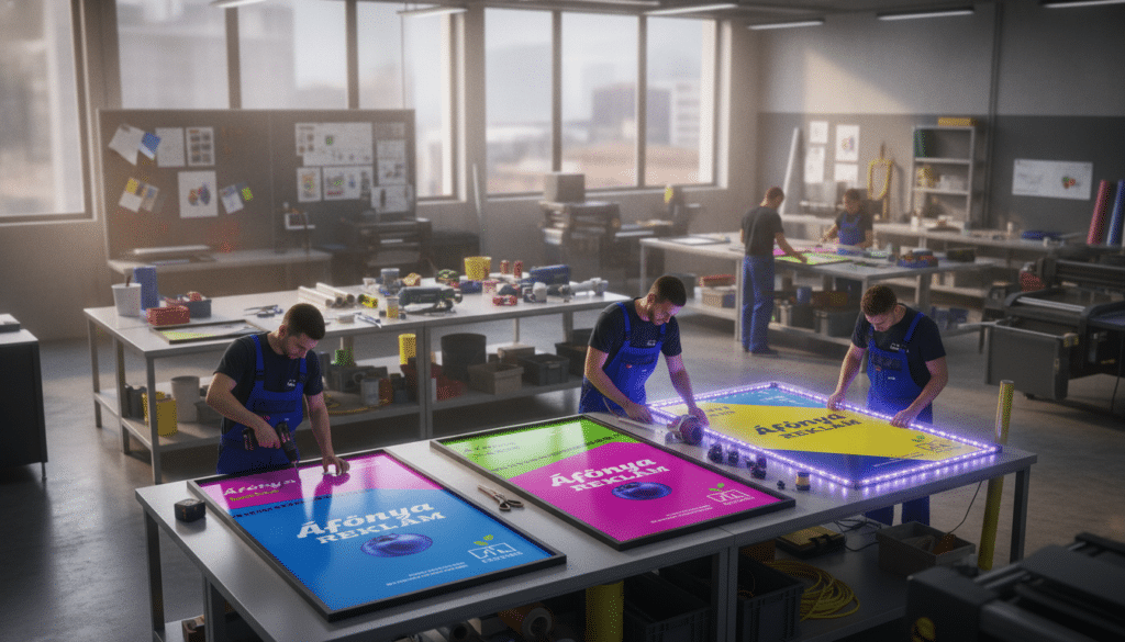 A vibrant scene depicting the manufacturing of advertising boards, featuring a modern workshop environment. In the foreground, skilled workers in professional attire are assembling colorful, eye-catching reklámtáblák with the brand name "Áfonya Reklám" prominently displayed on some boards. The middle ground shows a variety of tools and materials scattered on workbenches, highlighting the creativity and technical skills involved in the process. The background includes large windows filtering in natural light, enhancing the atmosphere of innovation and collaboration. The image conveys a sense of professionalism and energy, emphasizing the importance of marketing expertise in board production, with a clean, bright aesthetic and dynamic angles capturing the action and detail of the manufacturing process.