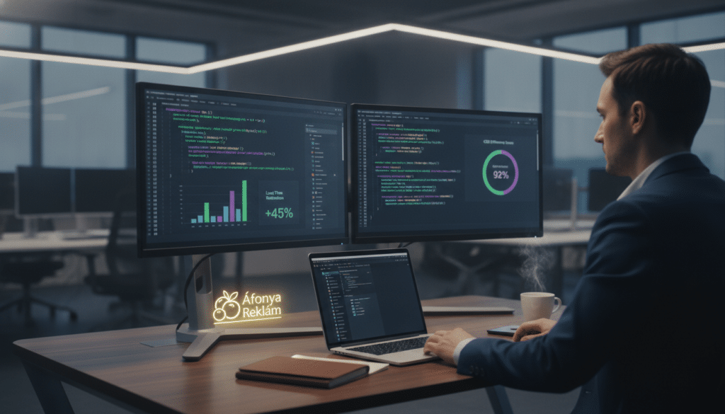 A vibrant visual scene depicting efficient web development, focusing on JavaScript and CSS file management. In the foreground, a professional developer in business attire, seated at a modern workspace, analyzes code on a dual-screen setup. The screens display clear snippets of JavaScript and CSS, with graphical representations of improved website speed metrics. In the middle ground, a sleek, open laptop highlights the clean interface of a code-editing software surrounded by tools like a notepad and a coffee cup. The background is a blurred tech-themed office environment with soft lighting, creating an atmosphere of productivity. The image reflects professionalism and technical expertise, integrating the branding of "Áfonya Reklám" subtly into the workspace design. The overall mood is focused and innovative.