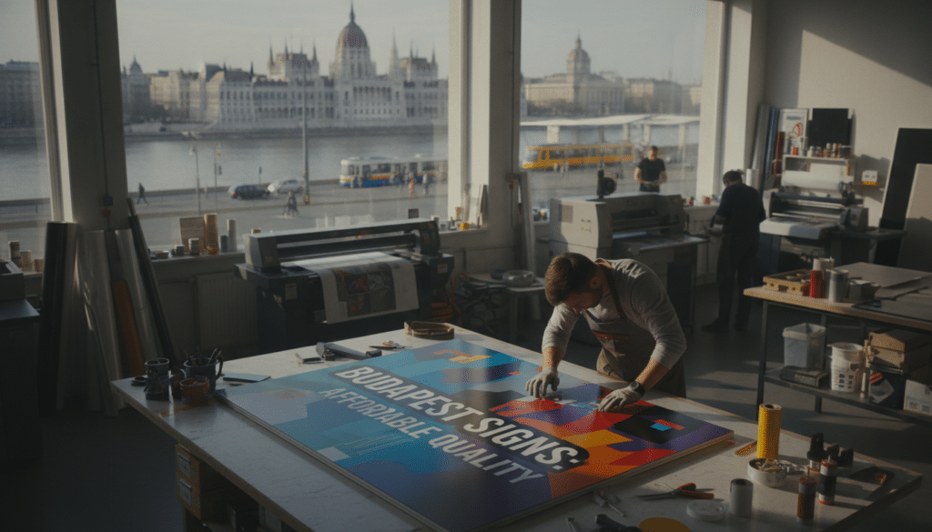 A bustling street scene in Budapest showcasing affordable advertising sign production. In the foreground, a professional sign maker is meticulously crafting a colorful, eye-catching billboard, displaying various materials like vinyl and acrylic. The middle ground features a modern workshop filled with advanced printing equipment and tools, illuminated by bright, natural lighting streaming through large windows. In the background, iconic Budapest architecture, including the Parliament House, is subtly visible, creating a lively urban atmosphere. The image captures a sense of vibrancy and professionalism, inviting viewers to consider the value of quality advertising solutions. Use a shallow depth of field to focus on the sign maker, while the workshop and cityscape remain slightly blurred, conveying the industry context.