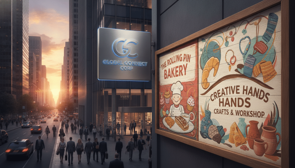A vibrant city street featuring two distinct types of signage: in the foreground, a colorful advertisement board for small businesses, showcasing a bakery and a local crafts shop, adorned with eye-catching graphics and enticing product images. In the middle, a large, professional company sign displaying the logo of a multinational corporation, sleek and modern in design, capturing the essence of business excellence. The background consists of a bustling urban environment with pedestrians wearing business attire, professional atmospheres, and an evening sunset casting a warm glow, enhancing the mood of opportunity and success. Use a high-angle perspective to capture both types of signage in vivid detail, focusing on their contrasting styles while maintaining clarity and artistry.